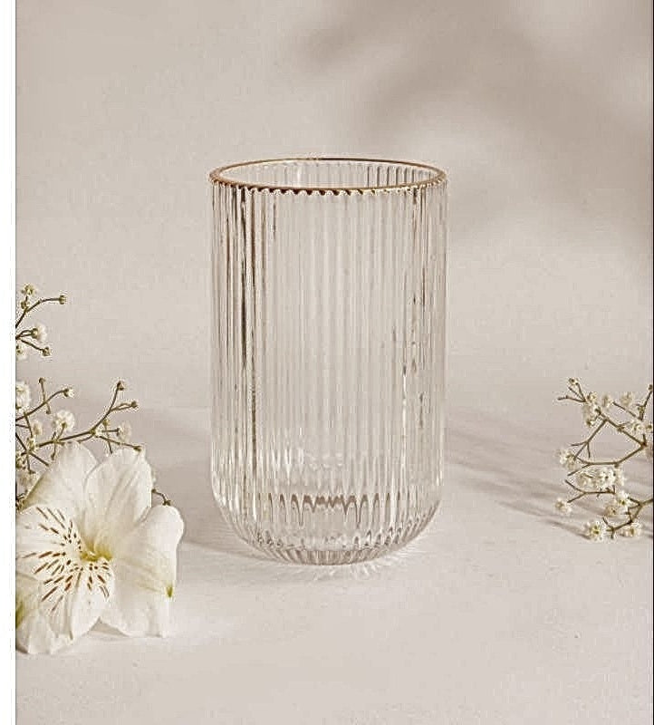 6-piece ribbed glasses with gold rim on dining table – Be Classic Homeware SA