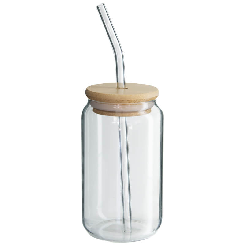 Drinking jar with bamboo lid & glass straw