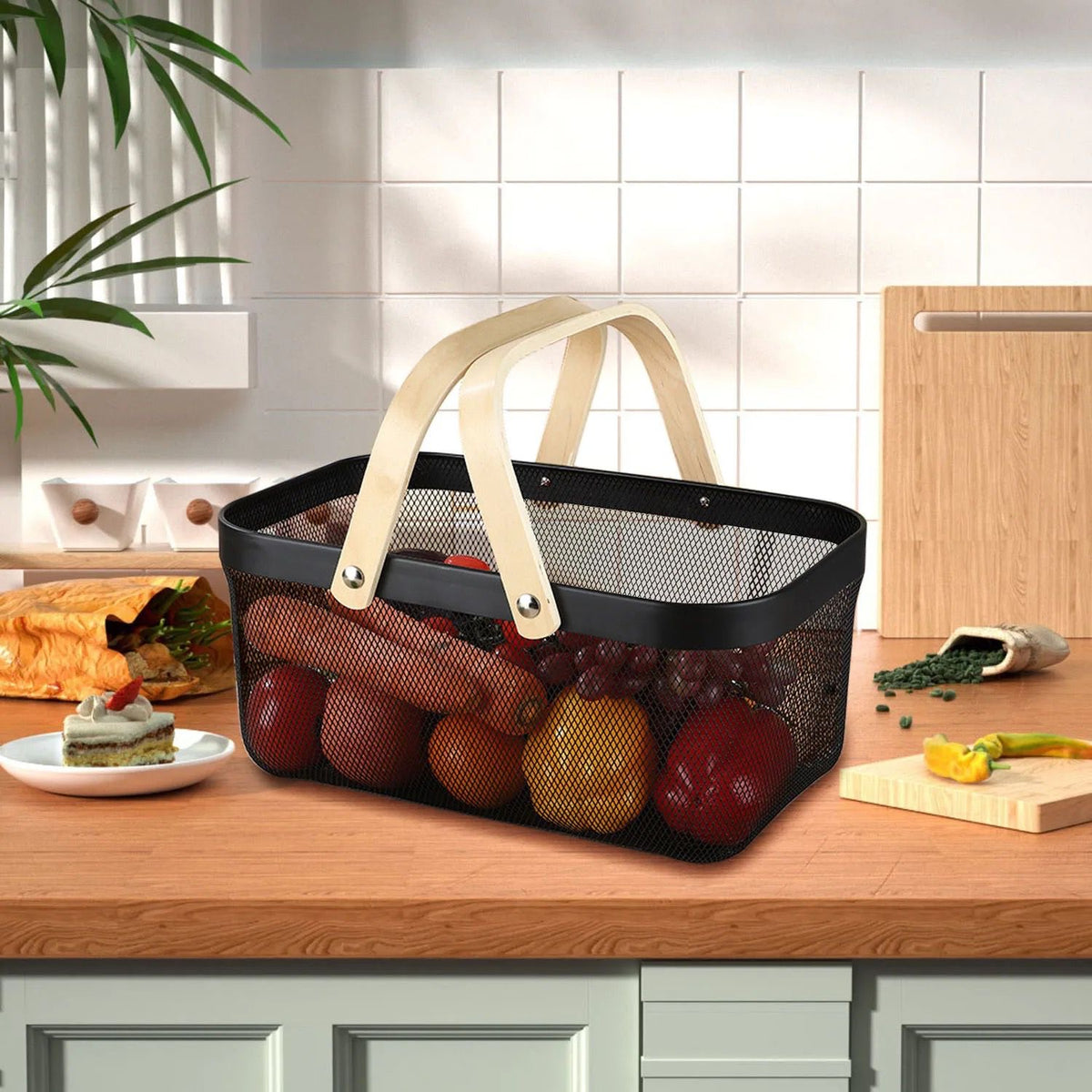 Black rectangle storage basket used for blanket storage in bedroom