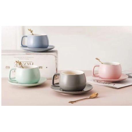 Matte Macaroon Colour Teacup with Spoons 12 piece