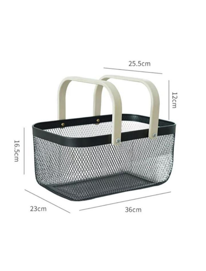 Metal mesh storage organizer basket bin with bamboo handle black
