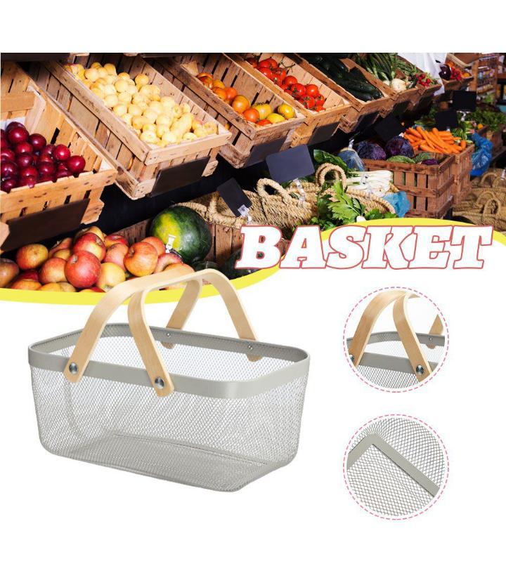 Metal mesh storage organizer basket bin with bamboo handle black