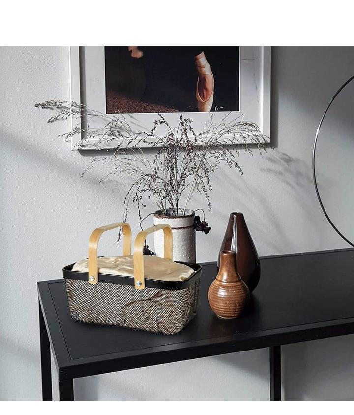 Metal mesh storage organizer basket bin with bamboo handle black