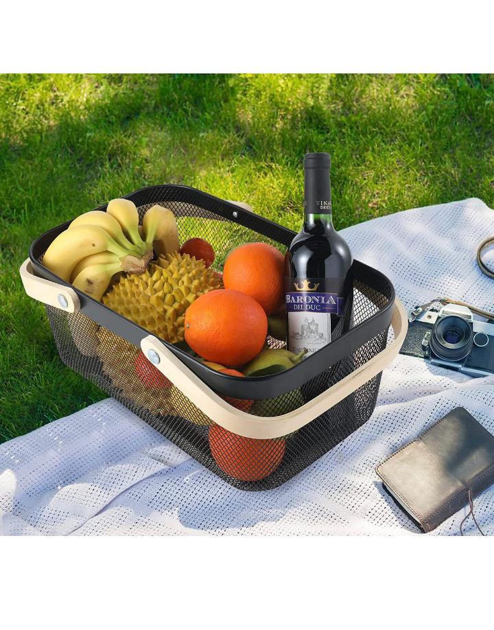 Metal mesh storage organizer basket bin with bamboo handle black