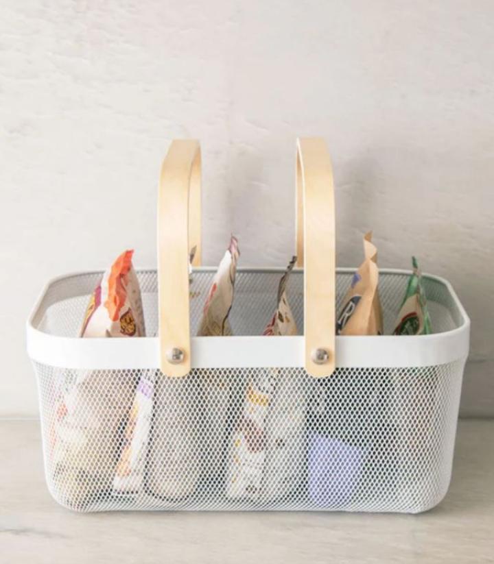 Metal mesh storage organizer basket bin with bamboo handle black