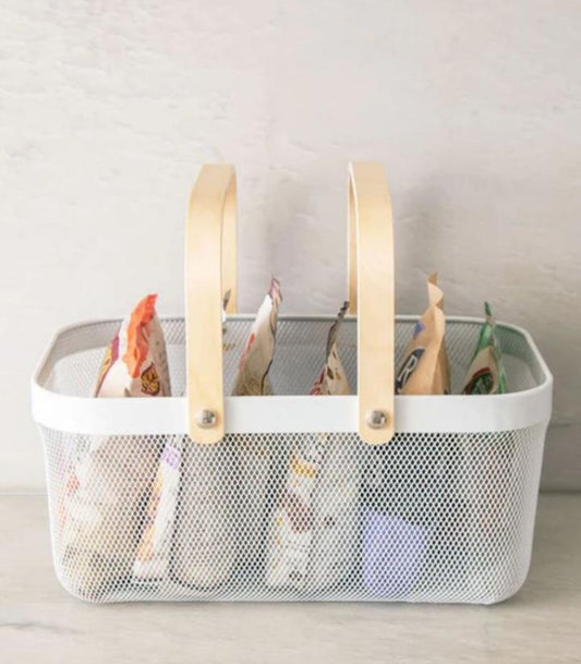 Metal mesh storage organizer basket bin with bamboo handle black