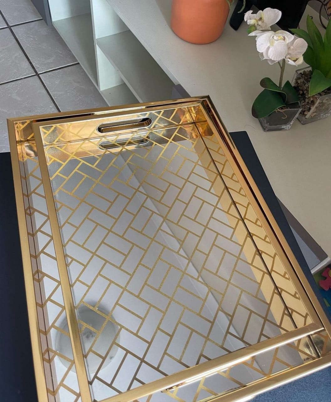 2x Gold Luxury mirror trays