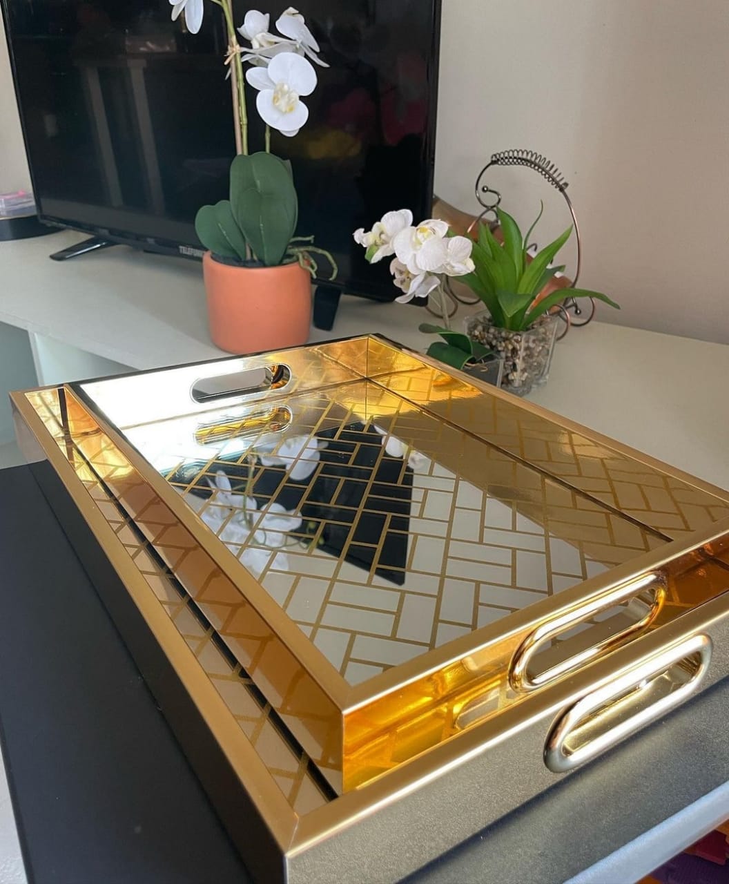 2x Gold Luxury mirror trays