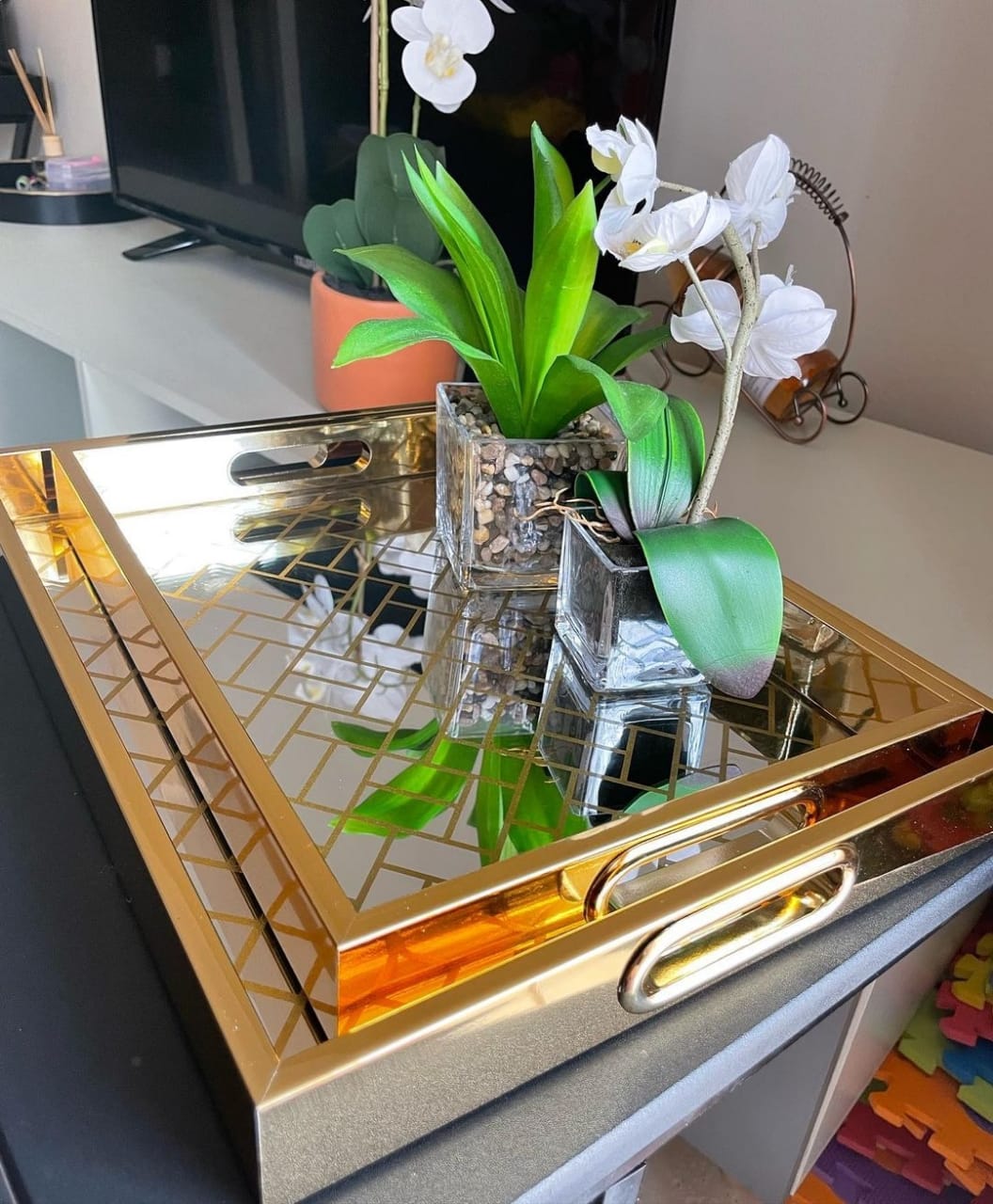 2x Gold Luxury mirror trays