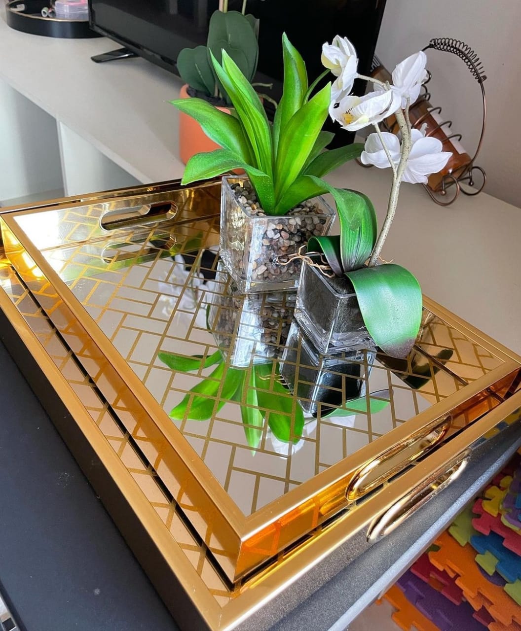 2x Gold Luxury mirror trays