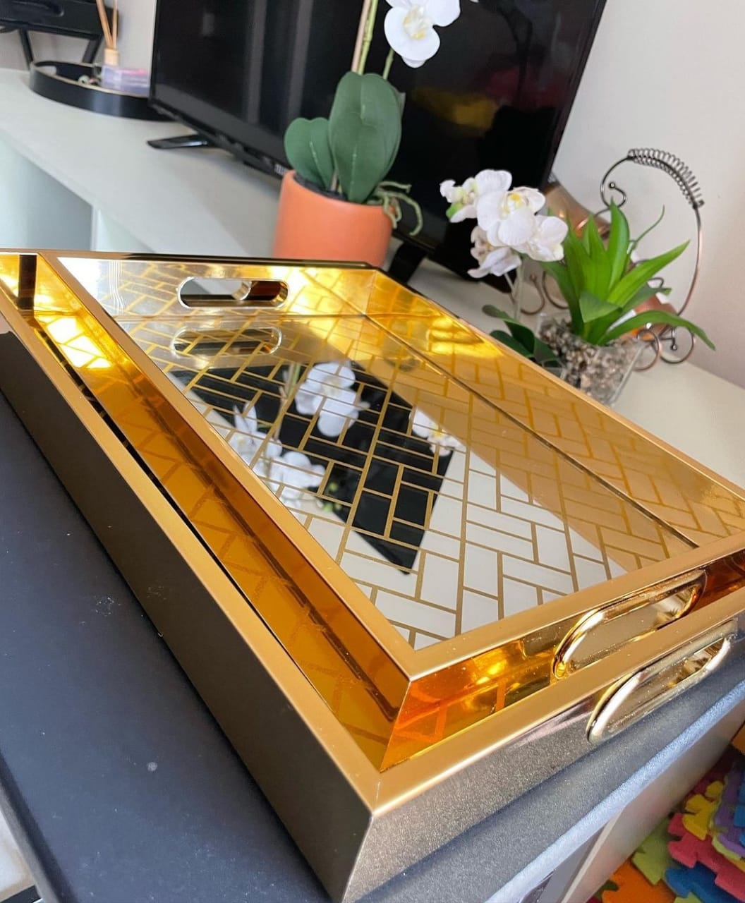 2x Gold Luxury mirror trays