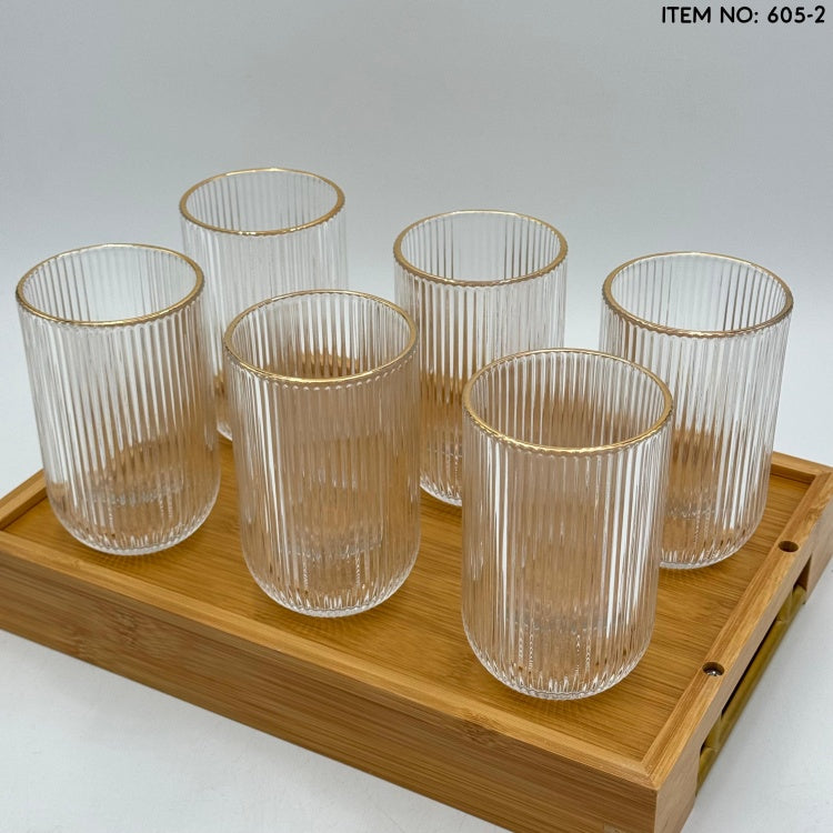 6-piece ribbed glasses with gold rim on dining table – Be Classic Homeware SA