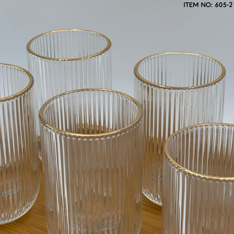 6-piece ribbed glasses with gold rim on dining table – Be Classic Homeware SA