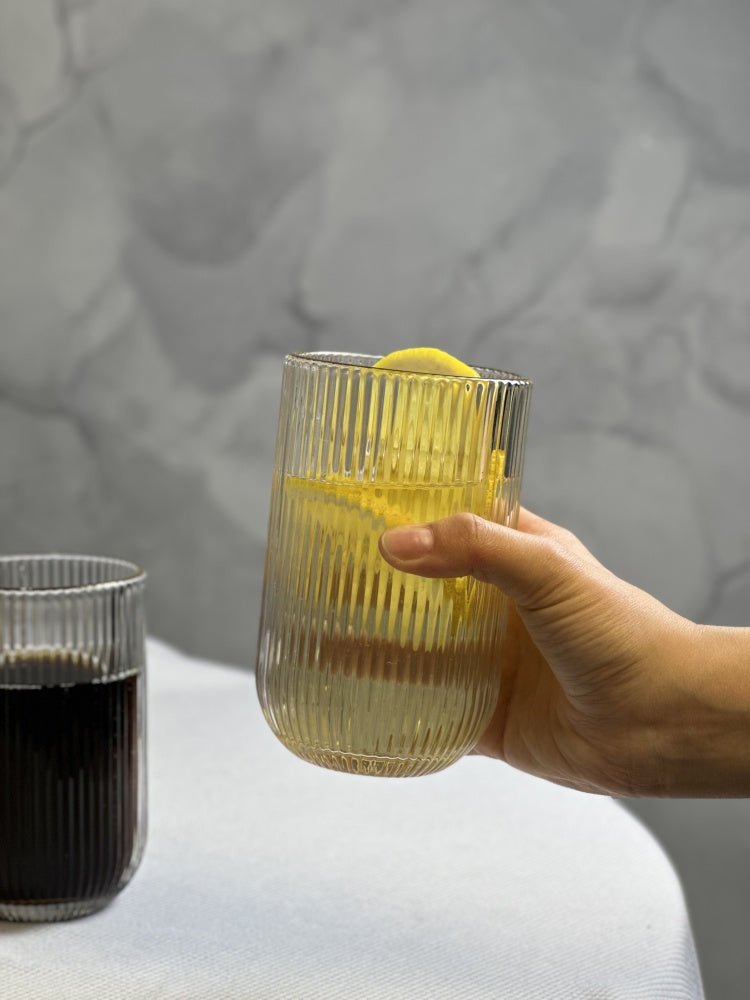 6-piece ribbed glasses with gold rim on dining table – Be Classic Homeware SA