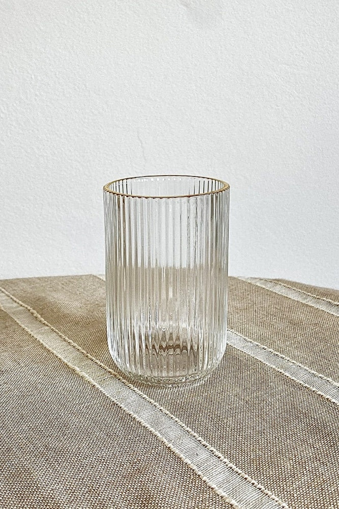 6-piece ribbed glasses with gold rim on dining table – Be Classic Homeware SA