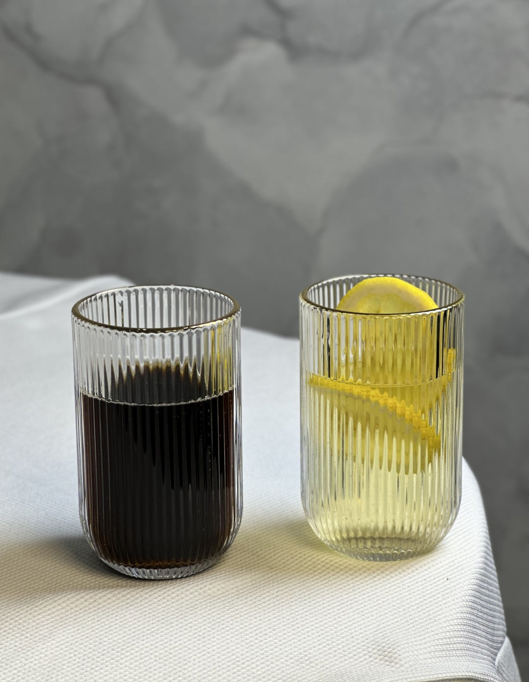6-piece ribbed glasses with gold rim on dining table – Be Classic Homeware SA